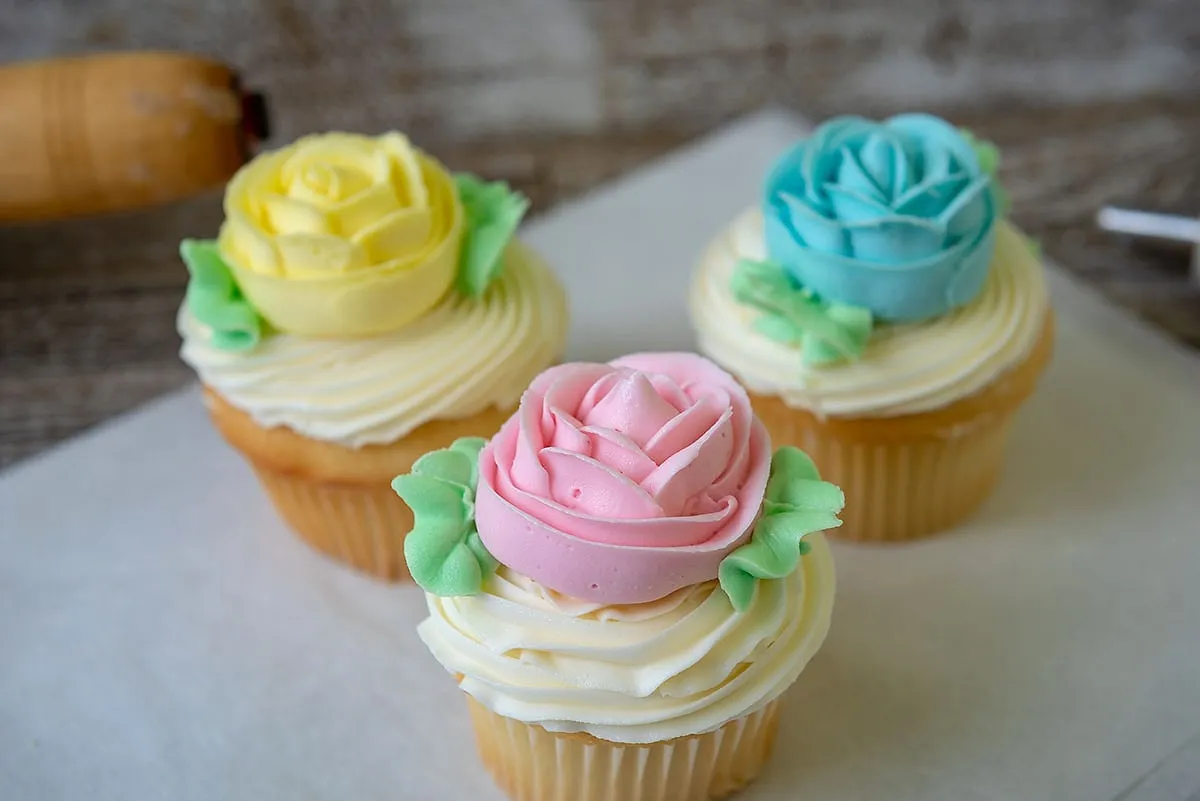 Rose Cupcakes, Cupcakes piped with buttercream roses, made to order.